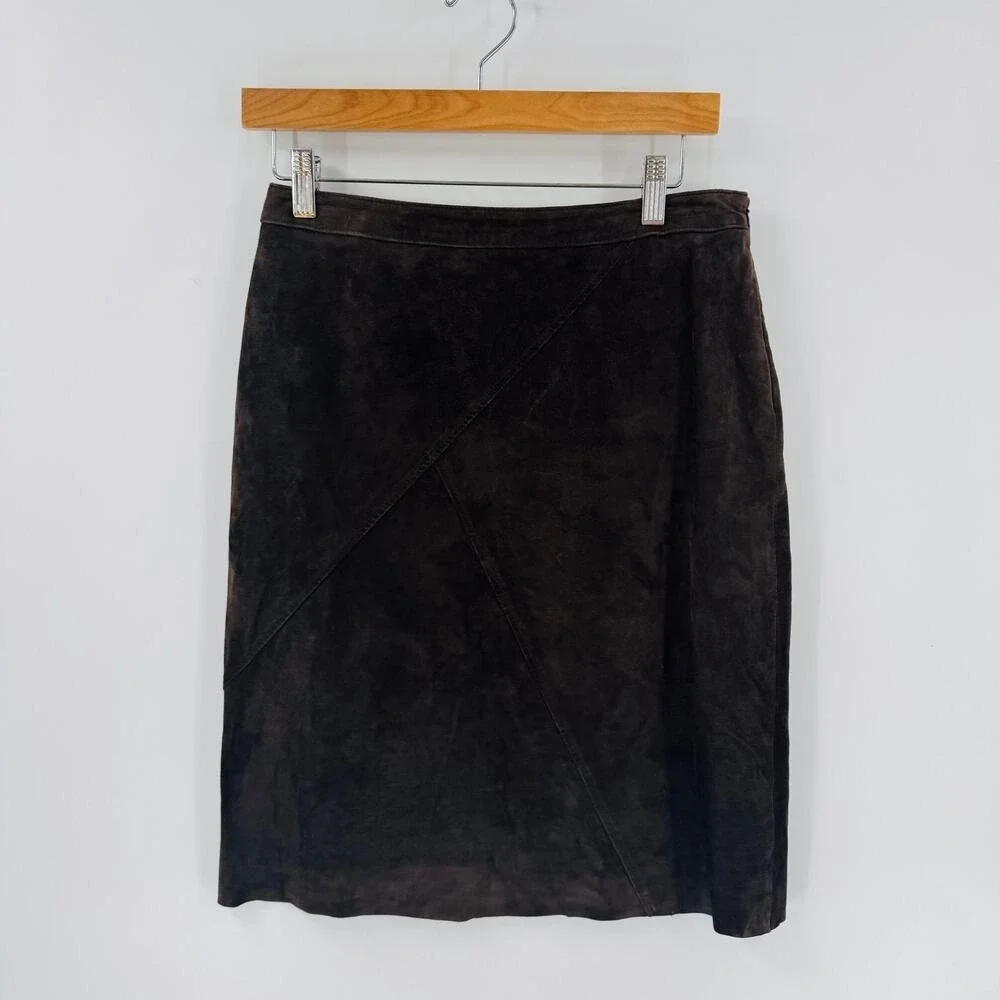 Vintage Kate Hill‎ Suede Skirt 8P Petite 100% Leather Classic Brown Timeless